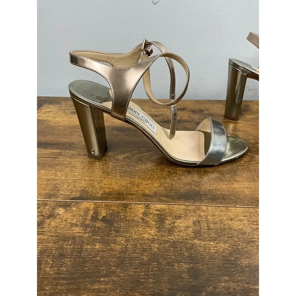 Jimmy Choo Metallic Block Heel Sandals Women's Size‎ 39.5 US 9.5 Luxury Designer